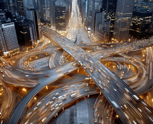 photo du trafic routier incessant d'une grande ville américaine : densité, rapidité, entrecroisement, contacts entre les routes et les véhicules. vision incroyable et démesurée.