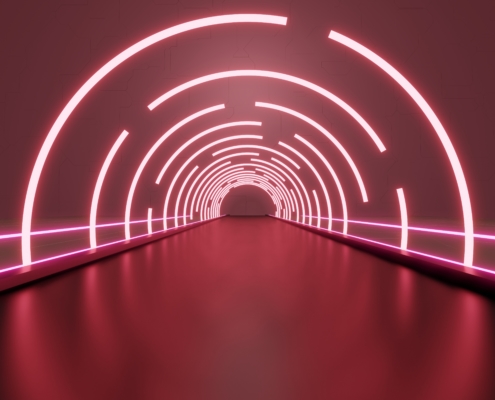 un tunnel futuriste formés d'arcs de cercles en néons de couleur rose