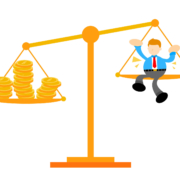 dessin montrant une balance presqu'à l'équilibre : d'un côté des pièces d'or, de l'autre un homme assis lui même sur le plateau faisant contre poids et qui semble heureux et comblé