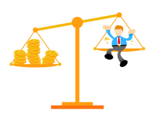 dessin montrant une balance presqu'à l'équilibre : d'un côté des pièces d'or, de l'autre un homme assis lui même sur le plateau faisant contre poids et qui semble heureux et comblé