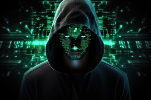 image générée par l'IA montrant un homme effrayant de type androïde, sombre et maléfique avec une capuche. Il est placé devant un fond montrant des circuits de cartes électronqiues.