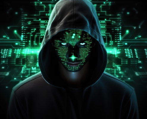 image générée par l'IA montrant un homme effrayant de type androïde, sombre et maléfique avec une capuche. Il est placé devant un fond montrant des circuits de cartes électronqiues.